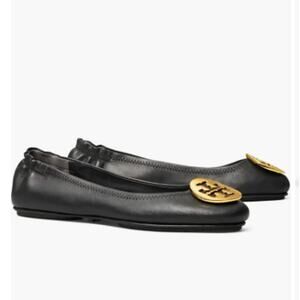 Tory Burch 6.5 Minnie Leather Logo Slip On Travel Ballet Flat Shoes Black/Gold